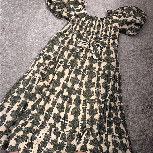 A Loves A Other - Girls Cream and Dark Green Printed Smocked Dress with Puff Sleeves